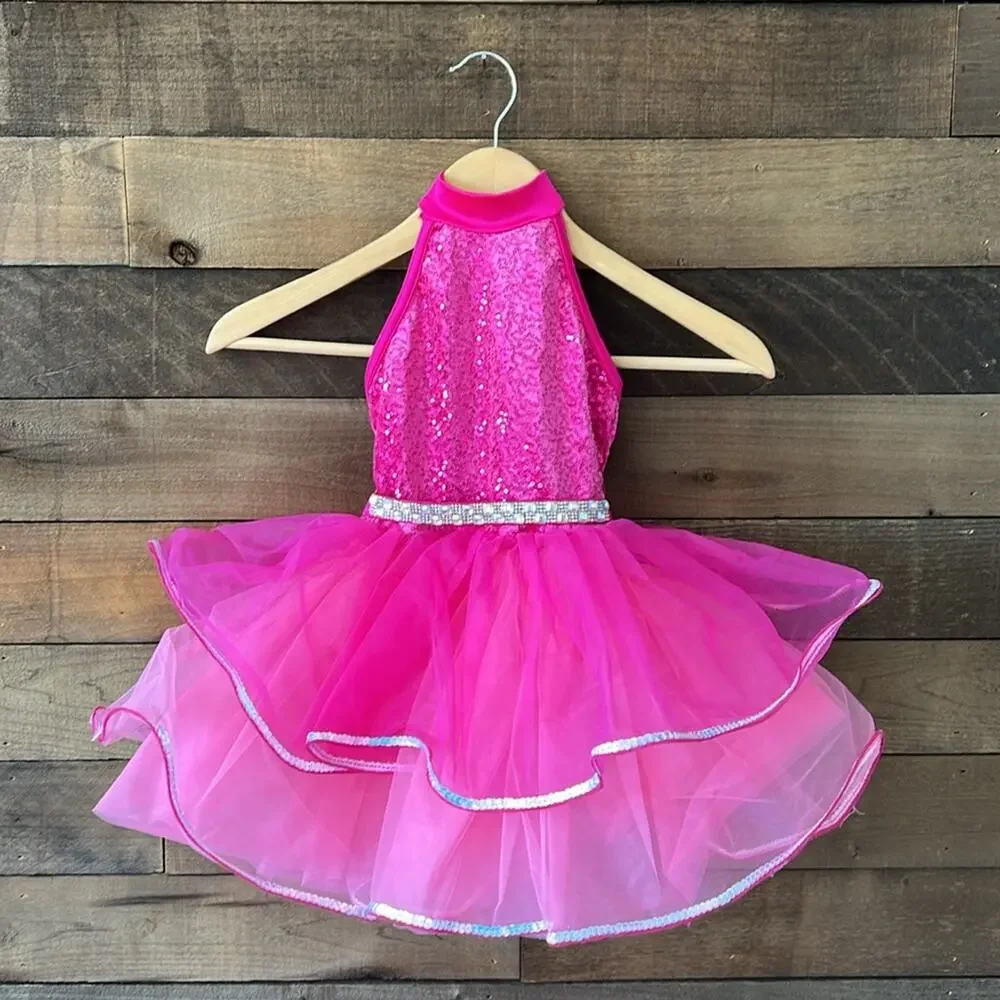 NWOT Weissman Girl's Indigo Swing Dress in Lipstick Pink Dance Costume
